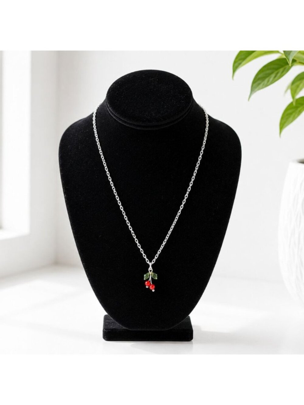 Cherry Pendant Necklace With Silver Chain Red & Green Beads 18-Inch Length Lobst